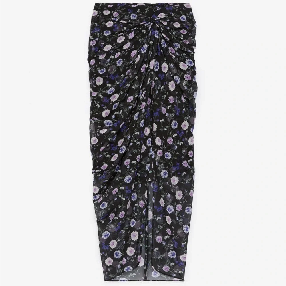 The Kooples / ruched Skirt with purple Floral Print motif buttons 0